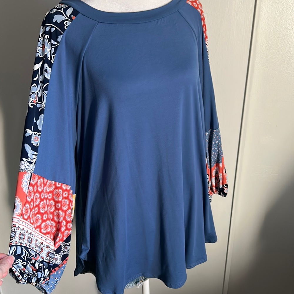 New Boho Balloon Sleeve Color Block Patchwork Jersey Knit Top Long Sleeve Blouse
